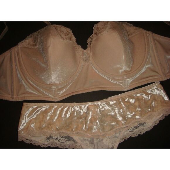 NWT Victoria's Secret 36DD BRA SET+L thong NUDE beige VELOUR velvet floral lace - Picture 2 of 6